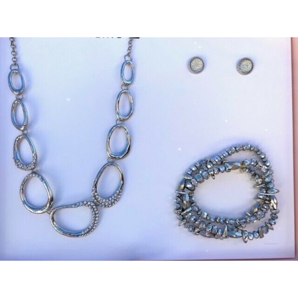 Sparkle and Bling Silver Beaded Necklace Bracelet Earring Costume Jewelry Set